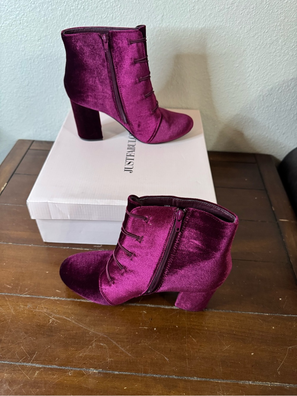 JustFab Velvet Ankle Booties in Plum